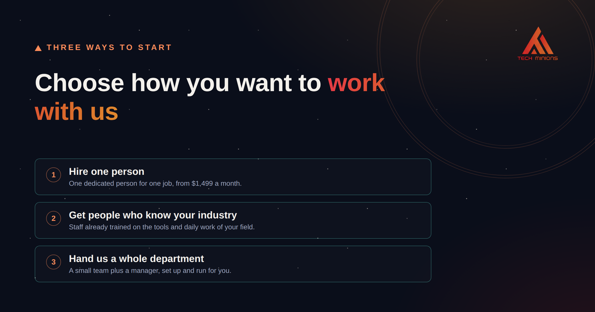 Three ways to work with TechMinions: hire one person, get industry-matched staff, or hand us a whole department