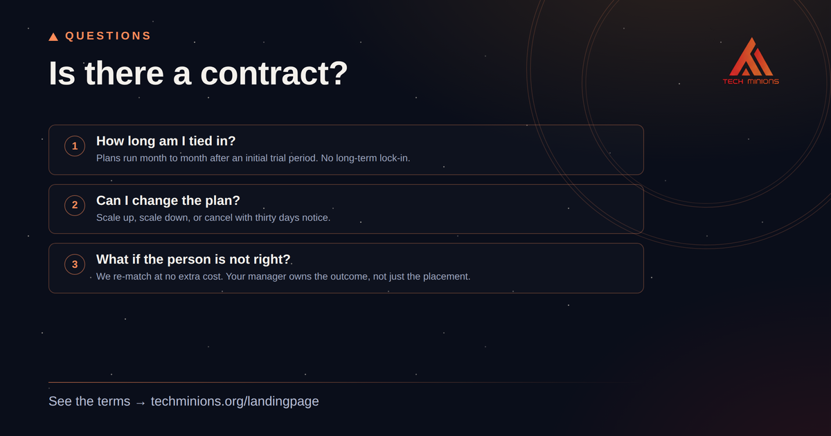 Is there a contract? Month to month after a trial period, thirty days notice to change or cancel, and free re-matching if a hire is not right.