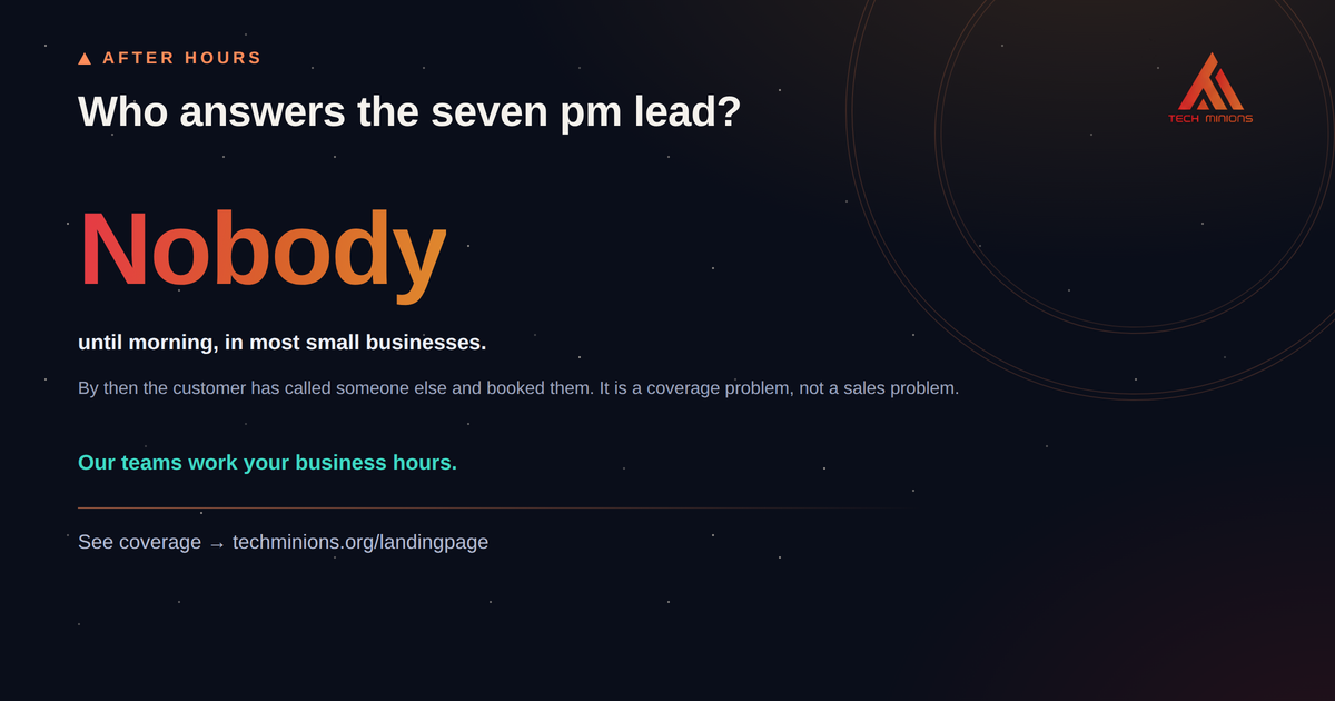 Who answers the seven pm lead? Nobody, until morning, in most small businesses. Our teams work your business hours.